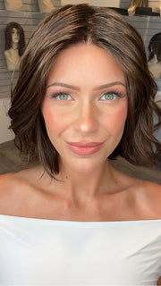 Madeline is wearing ESPRIT SOFT by ELLEN WILLE in DARK-CHOCOLATE-ROOTED 6.30.4 | Dark Brown Base with Light Reddish Brown Highlights with Dark Roots