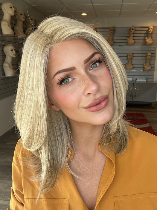Madeline is wearing OWN THE ROOM by GABOR in GF19-23 BISCUIT | Light Ash Blonde Evenly Blended with Cool Platinum Blonde