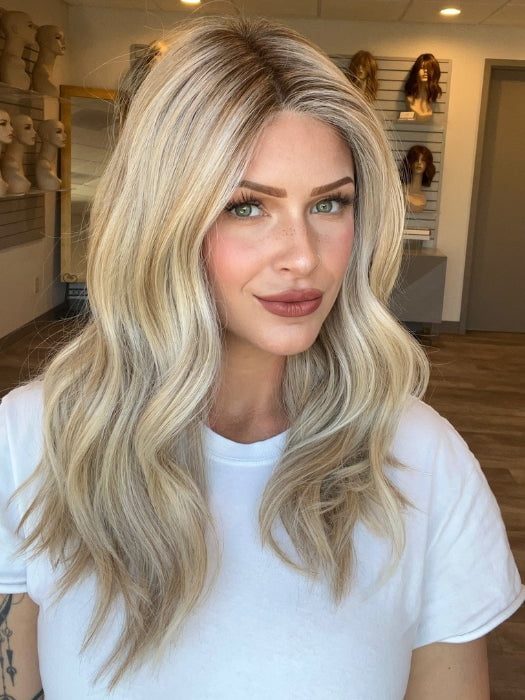 Madeline is wearing SELFIE MODE by RAQUEL WELCH in RL19/23SS SHADED BISCUIT | Light Ash Blonde Evenly Blended with Cool Platinum Blonde with Dark Roots