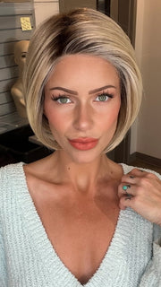 Madeline wearing IGNITE LARGE by JON RENAU in 22F16S8 VENICE BLONDE | Light Ash Blonde and Light Natural Blonde Blend, Shaded with Medium Brown