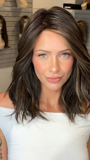 Madeline wearing WAVY DAY by RAQUEL WELCH in RL4/10SS ICED JAVA | Off Black Shaded with Dark Brown