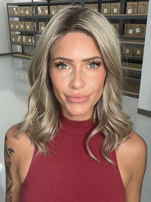 Madeline wearing MIU V by BELLETRESS in SHAKEN OATMILK BLONDE R | A Medium and Light Brown Base with Cool and Neutral Blonde