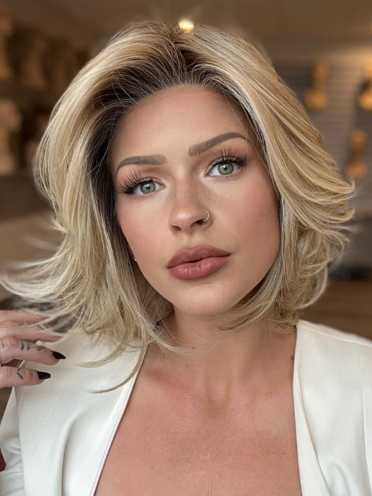 Madeline is wearing ELIZABETH by JON RENAU in 22F16S8 | VENICE BLONDE | Lt Ash Blonde & Lt Natural Blonde Blend, Shaded w/ Med Brown