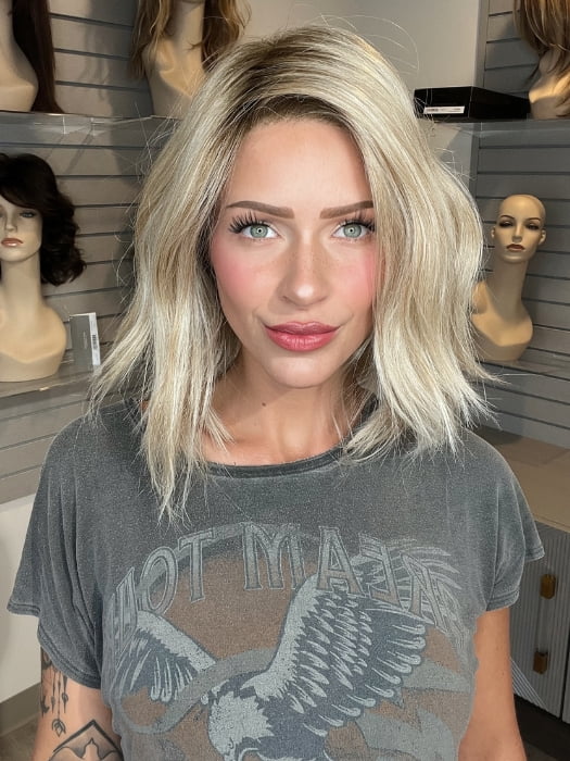 Madeline wearing SKYLAR by JON RENAU in FS17/101S18 PALM SPRINGS BLONDE | Lt Ash Blonde w/ Pure White Natural Violet, Shaded w/ Dk Natural Ash Blonde