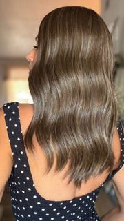 Roxie is wearing MORGAN BY JON RENAU in 8RH14 MOUSSE CAKE | Medium Brown with 33% Medium Natural Blonde Highlights