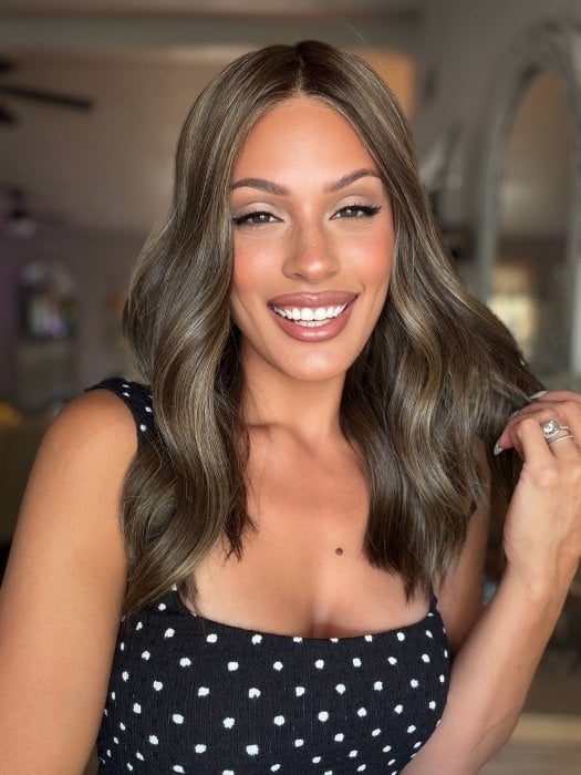 Roxie is wearing MORGAN BY JON RENAU in 8RH14 MOUSSE CAKE | Medium Brown with 33% Medium Natural Blonde Highlights