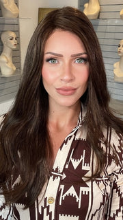 Madeline wearing BLAKE BY JON RENAU in 6RN | Dark Brown (Human Hair Renau Natural)