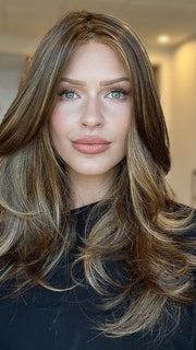 Madeline is wearing COURTNEY by JON RENAU in 6F27 | Brown w/Light Red-Golden Blonde Highlights & Tips 