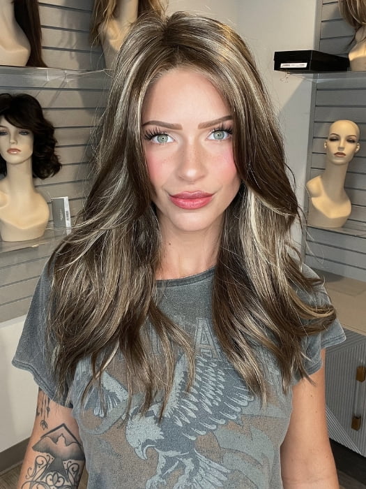 Madeline wearing OLIVIA BY JON RENAU in 10RH16 CAFFE MOCHA | Light Brown with 33% Light Natural Blonde Highlights