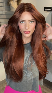 Madeline wearing AVERY by JON RENAU in 130/31 CHERRY COBBLER | Medium Natural Red Brown & Medium Red Blend with Medium Red Tips
