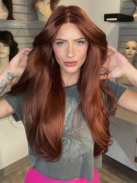 Madeline wearing AVERY by JON RENAU in 130/31 CHERRY COBBLER | Medium Natural Red Brown & Medium Red Blend with Medium Red Tips