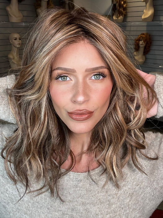 Madeline wearing BEACH WAVE MAGIC by  TRESSALLURE in 17/23/R8 | Beige Blonde and Auburn Blended with Medium Brown Roots