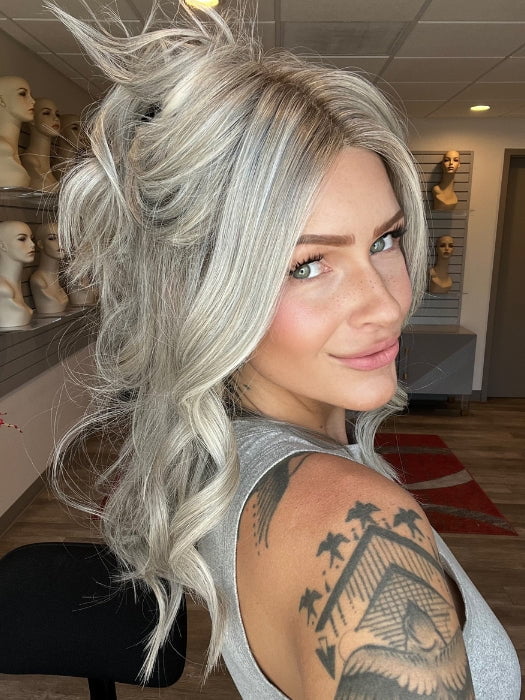 Madeline is wearing SLEEK by ELLEN WILLE in METALLIC BLONDE ROOTED 101.60.51 | Pearl Platinum, Pearl White, and Grey Blend with Shaded Roots (STYLED)