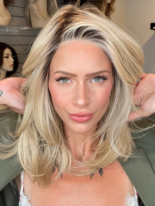 Madeline wearing DREW by JON RENAU in 22F16S8 VENICE BLONDE | Light Ash Blonde and Light Natural Blonde Blend Shaded with Medium Brown