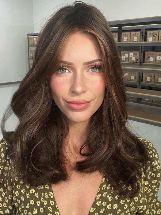 Madeline wearing DIVA by ELLEN WILLE in   DARK-CHOCOLATE-ROOTED 6.4.30 | Dark Brown, Darkest Brown, and Light Auburn blend with Dark Shaded Roots
