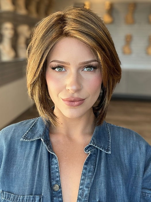 Madeline is wearing VICTIORIA by JON RENAU in 6F27 CARAMEL RIBBON | Natural Gold Brown with Medium Red-Gold Blonde Highlights and Tips