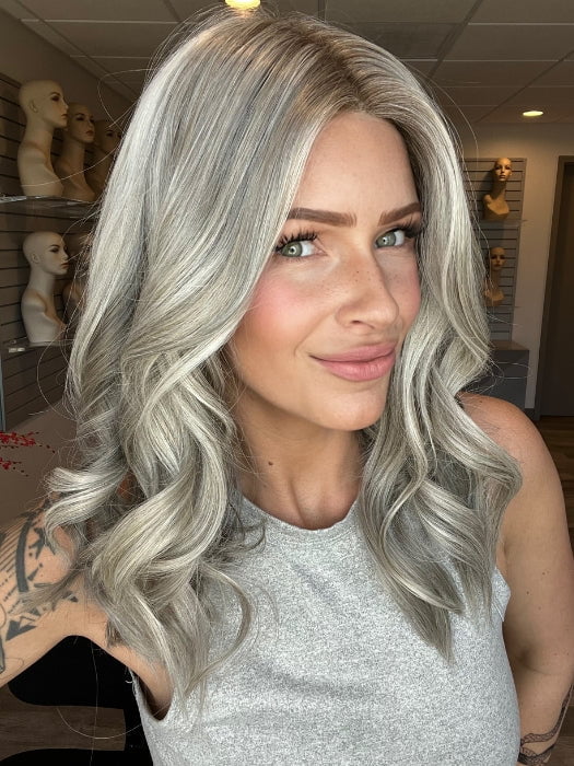 Madeline is wearing SLEEK by ELLEN WILLE in METALLIC BLONDE ROOTED 101.60.51 | Pearl Platinum, Pearl White, and Grey Blend with Shaded Roots (STYLED)