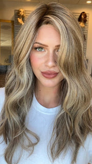 Madeline is wearing SELFIE MODE by RAQUEL WELCH in RL12/22SS SHADED CAPPUCCINO | Light Golden Brown Evenly Blended with Cool Platinum Blonde Highlights with Dark Roots