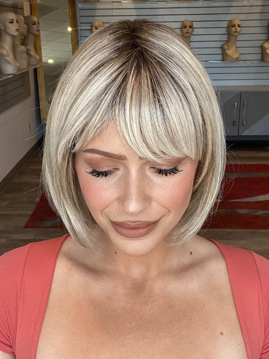 Madeline is wearing SING by ELLEN WILLE in PEARL BLONDE ROOTED 101.20.25 | Pearl Platinum Blended with Light Strawberry Blonde and Lightest Golden Blonde with Shaded Roots