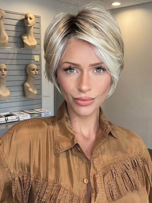Madeline wearing LUNA by JON RENAU in 101/88/27S8 CATALINA BLONDE | Pale blonde with Pure White Natural Violet halo highlights, shaded medium brown 