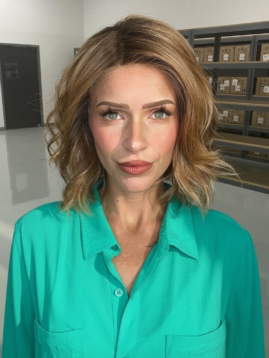 Madeline wearing MISSONI V by BELLETRESS in JAMOCA-ALMOND-FUDGE-R | Deep mocha brown blended with subtle golden almond undertones and fudge-like highlights to create a rich 