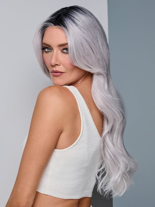 Model is wearing QUEUE THE HUE by RAQUEL WELCH in color   GRAY/LAVENDER