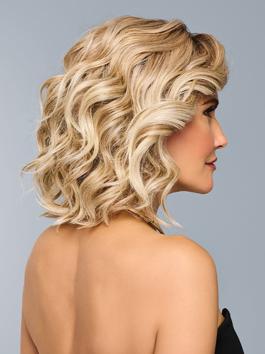 Model is wearing ROMANTIC RENAISSANCE in color RL19/23SS SHADED BISCUIT | Light Ash Blonde Evenly Blended with Cool Platinum Blonde and Dark Roots