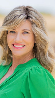 Jenny wearing RACHEL by JON RENAU in 12FS8 SHADED PRALINE | Light Gold Brown, Light Natural Gold Blonde & Pale Natural Gold-Blonde Blend, Shaded with Medium Brown