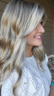 Natalie Gray @vanish.into.thin.hair wearing RACHEL LITE by JON RENAU in color 12FS8 SHADED PRALINE | Light Gold Brown, Light Natural Gold Blonde & Pale Natural Gold-Blonde Blend, Shaded with Medium Brown