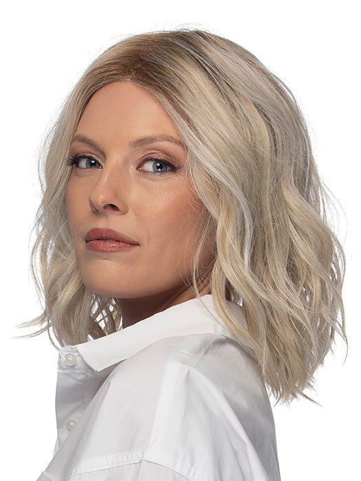 SOMERS by ESTETICA in color SUNLITBLONDE | Soft Blend of Sandy Blonde, Lightest Blonde & Iced Blonde with a Light Golden Brown Roots