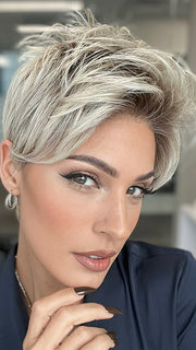 Model is wearing RIN by NORIKO in color MILKY-OPAL | A Blend of Creamy Blonde and White Blonde Rooted with Warm Brown