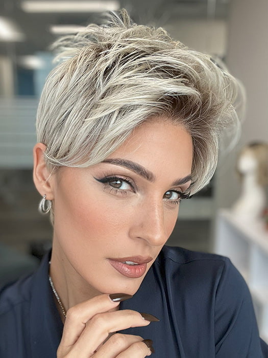 Model is wearing RIN by NORIKO in color MILKY-OPAL | A Blend of Creamy Blonde and White Blonde Rooted with Warm Brown