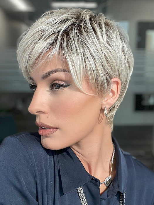 Model is wearing RIN by NORIKO in color MILKY-OPAL | A Blend of Creamy Blonde and White Blonde Rooted with Warm Brown