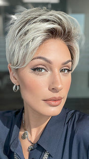 Model is wearing RIN by NORIKO in color MILKY-OPAL | A Blend of Creamy Blonde and White Blonde Rooted with Warm Brown