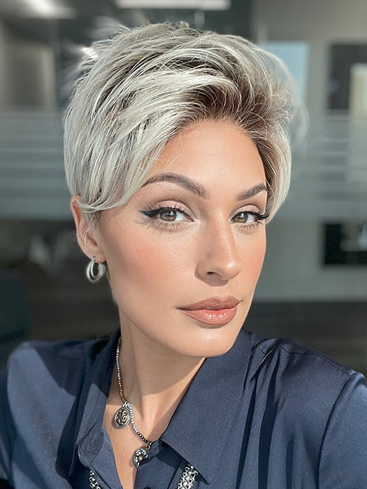 Model is wearing RIN by NORIKO in color MILKY-OPAL | A Blend of Creamy Blonde and White Blonde Rooted with Warm Brown