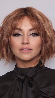 Model is wearing ROSANNA by RENE OF PARIS in color CARAMEL SWIRL | A blend of Warm Caramel, Chocolate Brown, Honey-Toned Blonde with Brown Roots