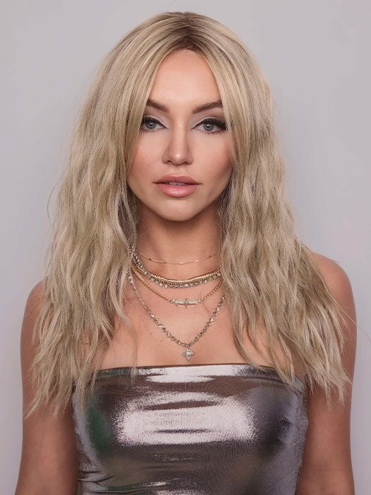 Model is wearing ROXIE by RENE OF PARIS in color BUTTERCREAM BLONDE | Light Ash Blonde, Medium Honey Blonde, and Pale Gold Hues blended