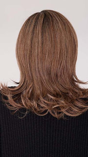 Roxie wearing SOPHIA by Rene of Paris in color CARAMEL SWIRL | A blend of Warm Caramel, Chocolate Brown, Honey-Toned Blonde with Brown Roots