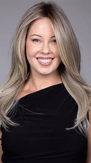 Model is wearing SPEARS in COOL CHAI BLONDE-R | A balanced cool blonde with softly contrasted darker roots, a fresh twist on classic blonde tones.