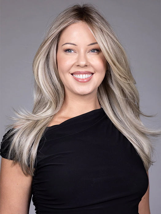 Model is wearing SPEARS in COOL CHAI BLONDE-R | A balanced cool blonde with softly contrasted darker roots, a fresh twist on classic blonde tones.