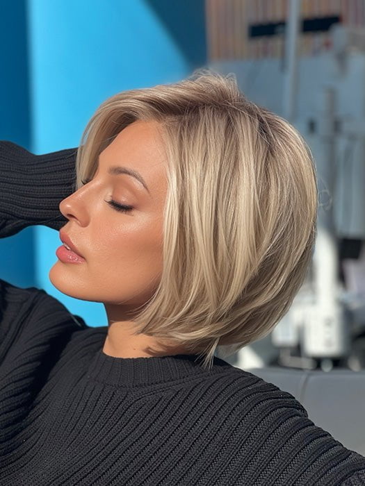 Roxie wearing STRAIGHT UP WITH A TWIST By RAQUEL WELCH in RL19/23SS SHADED BISCUIT | Cool Platinum blonde with subtle highlights and medium brown roots