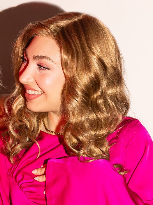 Sophia wearing SARAH by JON RENAU in 14/26 NEW YORK CHEESECAKE | Medium Natural-Ash Blonde & Medium Red-Gold Blonde Blend