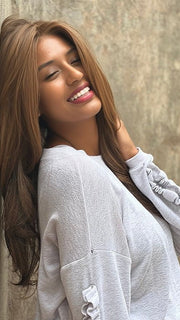 Sophia wearing SCENE STEALER by RAQUEL WELCH in RL6/8 DARK CHOCOLATE | Medium Brown Evenly Blended with Warm Medium Brown