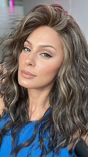 Model is wearing SERENA by ELLEN WILLE in color COFFEE BROWN MIX 6.8.4 | Dark Brown and Medium Brown with Darkest Brown Blend