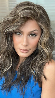 Model is wearing SERENA by ELLEN WILLE in color COFFEE BROWN MIX 6.8.4 | Dark Brown and Medium Brown with Darkest Brown Blend