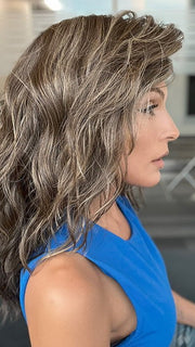 Model is wearing SERENA by ELLEN WILLE in color COFFEE BROWN MIX 6.8.4 | Dark Brown and Medium Brown with Darkest Brown Blend