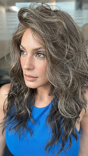 Model is wearing SERENA by ELLEN WILLE in color COFFEE BROWN MIX 6.8.4 | Dark Brown and Medium Brown with Darkest Brown Blend