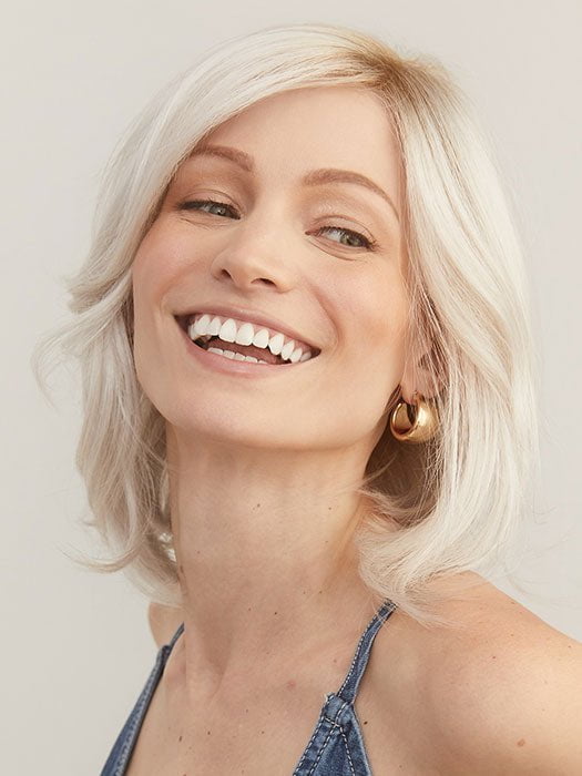 SHEENA by RENE OF PARIS in color GHOST BLONDE-R | Medium neutral blond roots fade into a pearl cream blond shade with platinum blond undertones. 