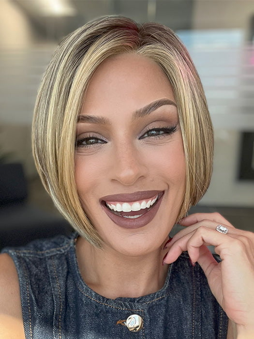 Model is wearing SHELBY by JON RENAU in color 24BT18S8 SHADED MOCHA | Medium Natural Ash Blonde & Light Natural Gold Blonde Blend, Shaded with Medium Brown