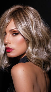 Roxie wearing SIMMER by RAQUEL WELCH in RL12/22SS SHADED CAPPUCCINO | Light Golden Brown Evenly Blended with Cool Platinum Blonde Highlights with Dark Roots